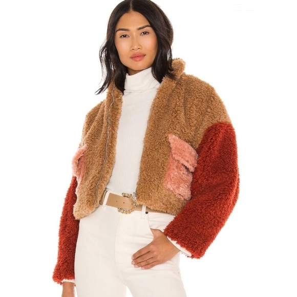 NEW Kendall + Kylie Revolve Sherpa Front Zipped Utility Jacket Caramel - Picture 1 of 7